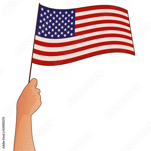 Hand holding the USA flag isolated on white background