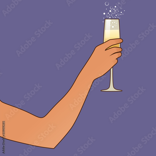 Female hand holding a glass of champagne or sparkling wine isolated on white background
