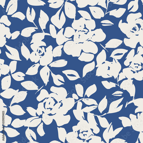 Roses silhouettes. Seamless pattern made of roses, leaves and petals. Vintage style repeat botanical ornament. Floral design for fashion, textile, fabric, clothes, dress, wallpaper, wrapper.