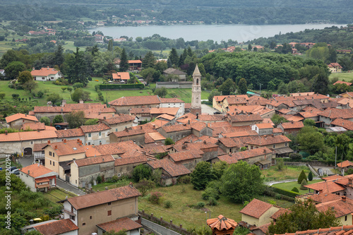 aerial view over Roppolo town and the Viverone lake, Province of Biella, region Piemonte, Italy photo