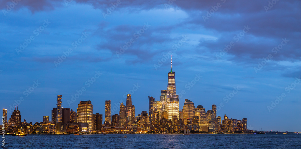 View of Manhattan skyline at sunset, New York City, USA