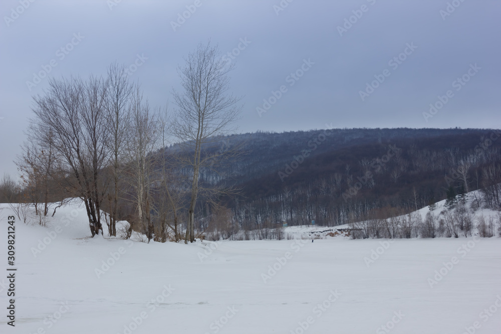 Winter snowy landscape with hills and trees Winter snowy landscape with hills and trees