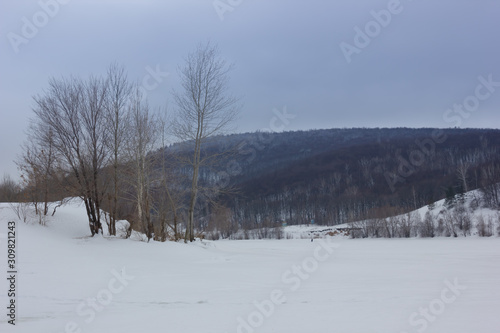Winter snowy landscape with hills and trees