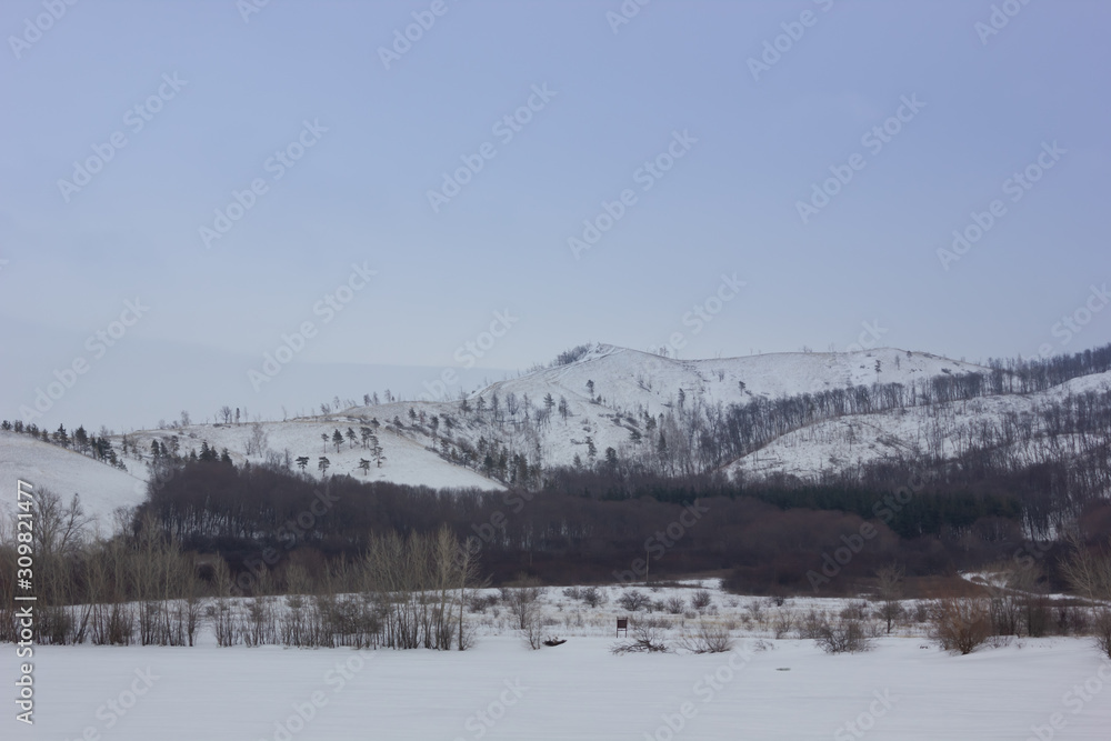 Winter snowy landscape with mountains and trees