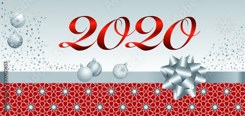 2020 - Carte de voeux rouge et grise au motif arabe avec ruban et boules de Noël.