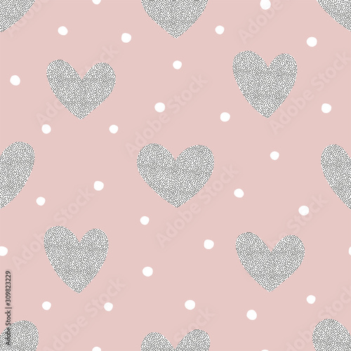 Vector seamless pattern with dotted texture heart shapes. Romantic decorative background for Valentine Day. Love hearty backdrop.