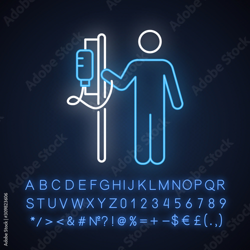 Dropper neon light icon. Medical procedure. Healthcare. Hospitalization. Infusion. Postsurgical recovery. Glowing sign with alphabet, numbers and symbols. Vector isolated illustration