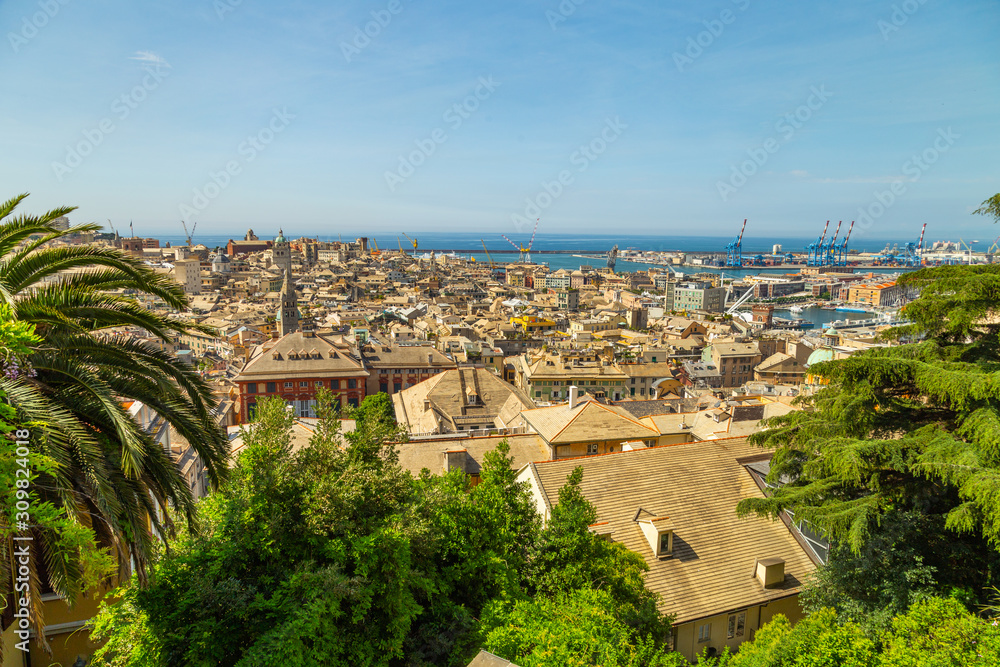View of Genoa, cityscape of historical centre and the port, Liguria, Italy.