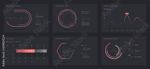 Elements of infographics on a black background. Use in presentation templates, flyer, leaflet and corporate report. Dashboard UI and UX Kit with big data visualization.