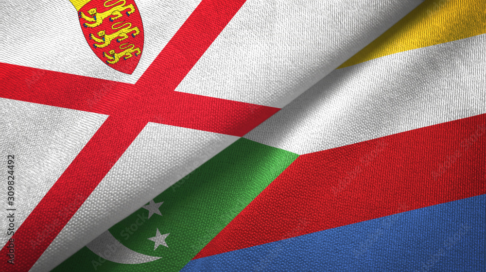 Jersey and Comoros two flags textile cloth, fabric texture Jersey and Comoros two flags textile cloth, fabric texture