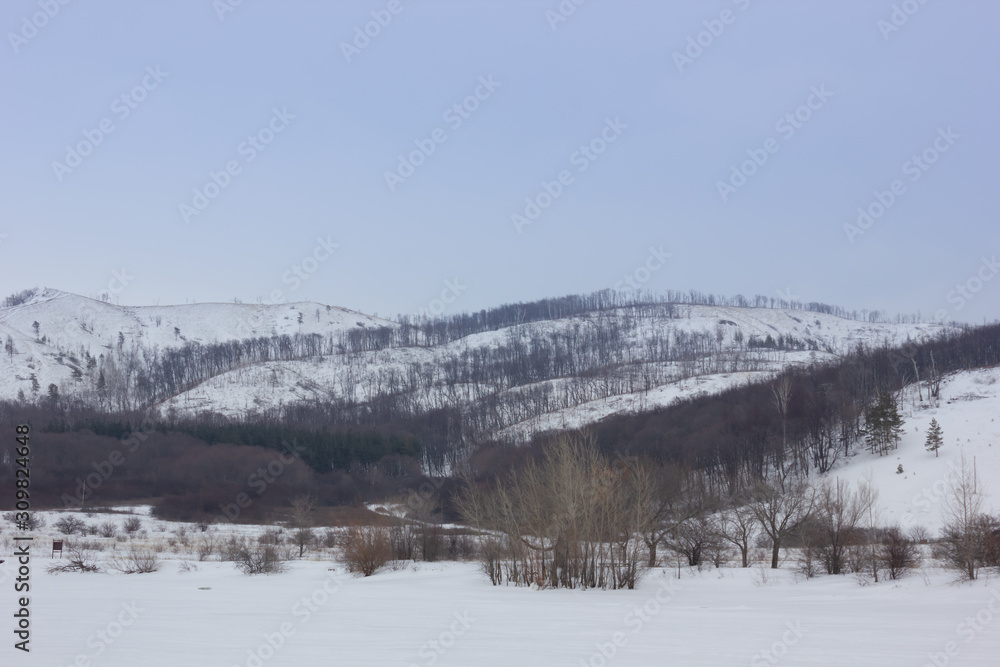 Winter snowy landscape with mountains and trees Winter snowy landscape with mountains and trees