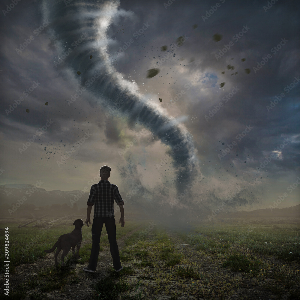 Tornado approaches man and his dog Stock Illustration | Adobe Stock