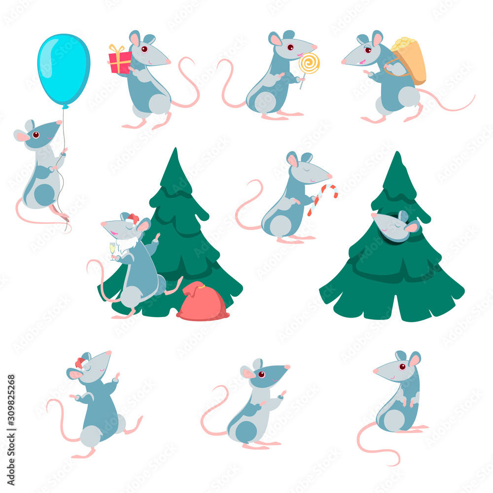 Set of cartoon rats. The symbol of the Chinese new year. Vector