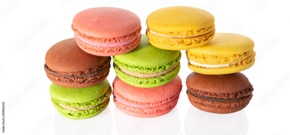 French macarooons in a raw, isolated on white background
