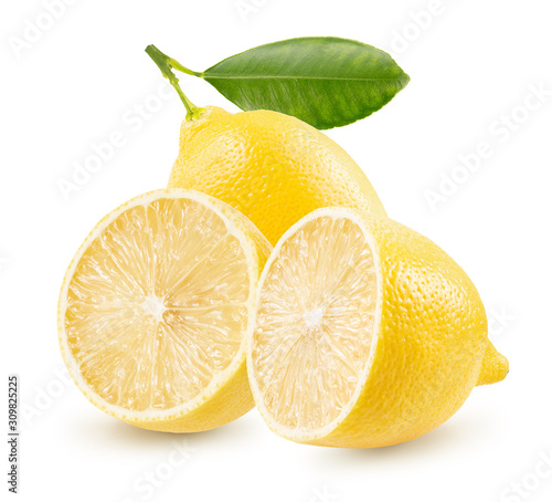 lemon with halves and leaf isolated on a white background