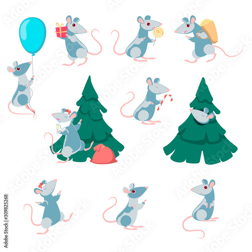 Set of cartoon rats. The symbol of the Chinese new year. Vector
