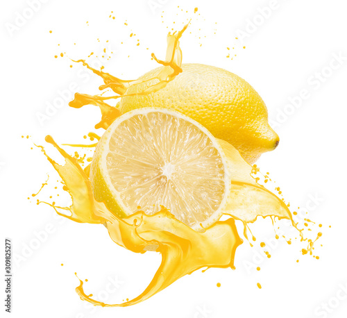 lemons in yellow juice splash isolated on a white background