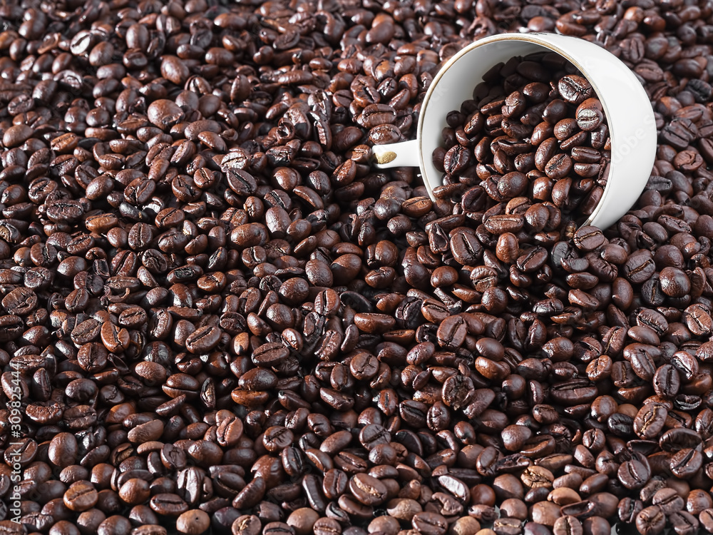 Fototapeta premium Roasted coffee beans, background. Horizontal orientation. Fresh aromatic dark coffee. A white cup for espresso lies in the beans. Close-up, selective focus on grains.