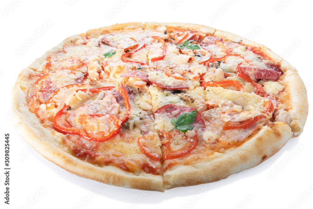 Fresh tasty Italian pizza isolated on white background