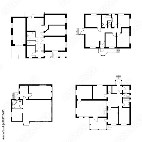 Modern set of ground floor blueprints. Vector unfurnished floor plans for your design. Suburban house black and white set.