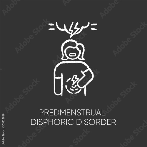 Predmenstrual dysphoric disorder chalk icon. Menstrual cramp. Woman in pain. Physical tension. PMS. Premenstrual care. Emotional girl. Low mood. Mental issue. Isolated vector chalkboard illustration