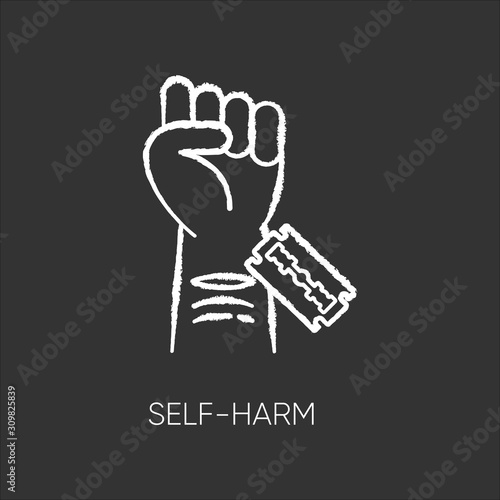 Self-harm chalk icon. Cut hand with razor blade. Open wound. Mental disorder. Psychological issue. Nonsuicidal injury. Hurt vein. Self-inflicted violence. Isolated vector chalkboard illustration