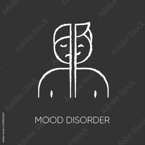 Mood disorder chalk icon. Manic and depressive episodes. Dysthymia, cyclothymia. Emotional swing. Happy and sad. Psychological problem. Mental health. Isolated vector chalkboard illustration