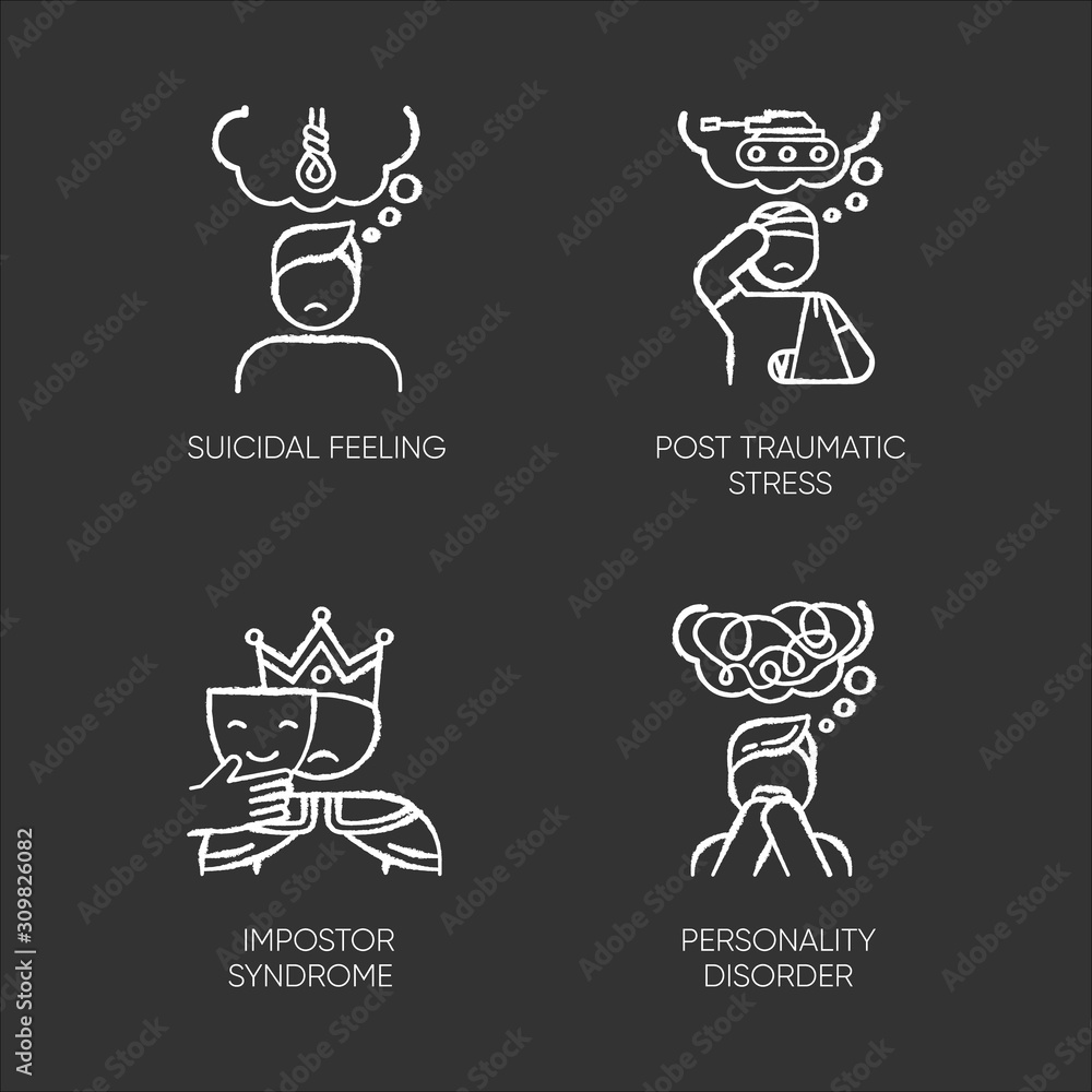 Mental disorder chalk icons set. Suicidal feeling. Post traumatic stress. Impostor syndrome. Personality disorder. Distress, worry. Veteran trauma. Psychology. Isolated vector chalkboard illustrations Mental disorder chalk icons set. Suicidal feeling. Post traumatic stress. Impostor syndrome. Personality disorder. Distress, worry. Veteran trauma. Psychology. Isolated vector chalkboard illustrations