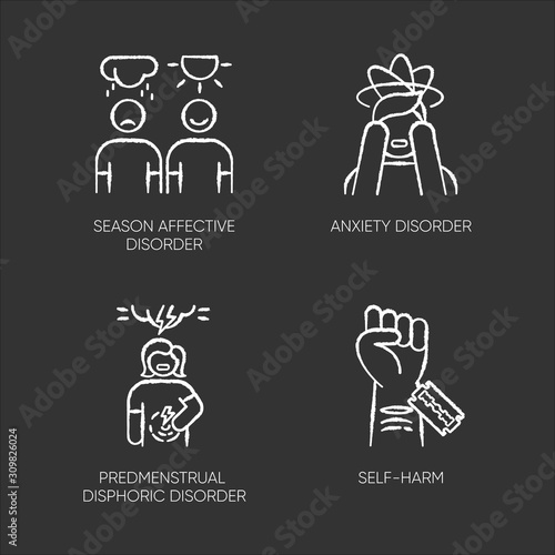 Mental disorder chalk icons set. Anxiety. Predmenstrual dysphoria. Self-harm. Season affective disorder. Emotional change. Mood swing. Cut vein. Woman in pain. Isolated vector chalkboard illustrations