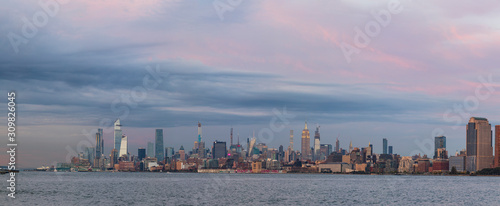 View of Manhattan skyline at sunset  New York City  USA