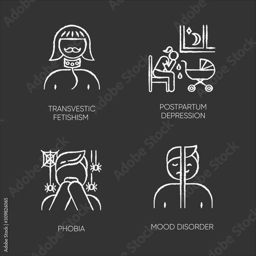 Mental disorder chalk icons set. Transvestic fetishism. Postpartum depression. Phobia. Panic attack. Mood disorder. Deviation and perversion. Woman crying. Isolated vector chalkboard illustrations