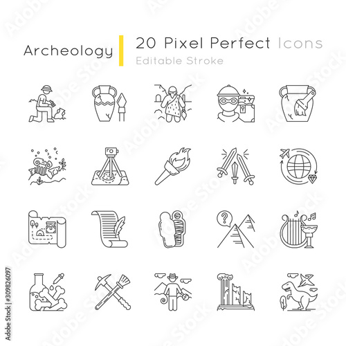 Archeology linear icons set. Excavation. Ancient artifacts. Old culture. Field research. Restoration. Flambeau. Thin line contour symbols. Isolated vector outline illustrations. Editable stroke