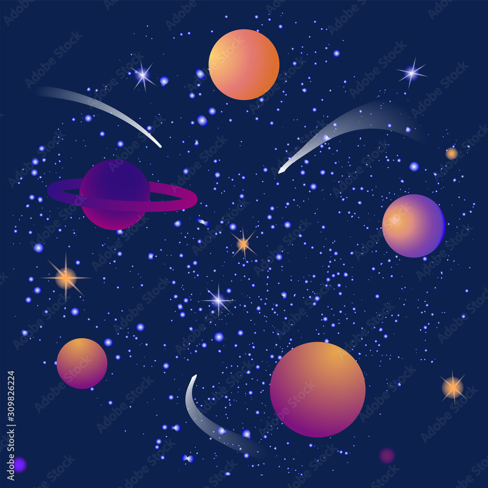 Fototapeta premium Starry sky, planets, comets - galactic background - illustration, abstract, art, vector. Space exploration. Space Tourism