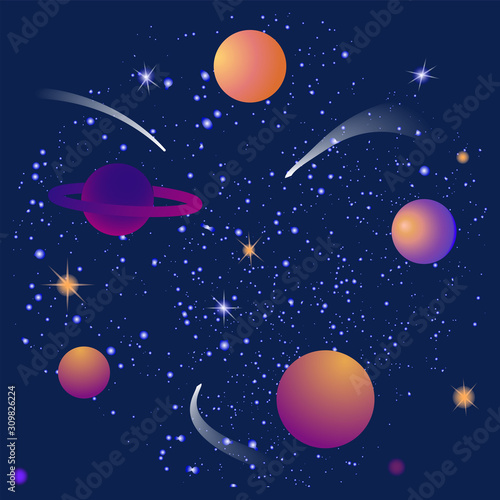 Starry sky  planets  comets - galactic background - illustration  abstract  art  vector. Space exploration. Space Tourism