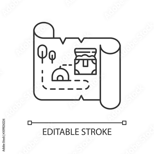 Treasure map linear icon. Ancient manuscript. Old scroll. Treasure chest. Historical artifacts. Pirate gold. Thin line illustration. Contour symbol. Vector isolated outline drawing. Editable stroke