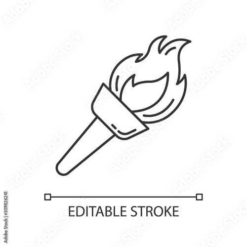 Medieval torch linear icon. Burning fire. Beacon. Flare, bonfire. Ancient olympic sport victory. Thin line illustration. Contour symbol. Vector isolated outline drawing. Editable stroke