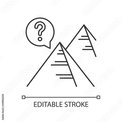 Pyramid mystery linear icon. Egyptian monument. Historical secrets. Architecture. Ancient tomb. Archeology. Thin line illustration. Contour symbol. Vector isolated outline drawing. Editable stroke