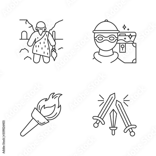Archeology linear icons set. Prehistoric man. Caveman. Marauding. Treasure hunt. Robbery. Flaming torch. Sword fight. Thin line contour symbols. Isolated vector outline illustrations. Editable stroke