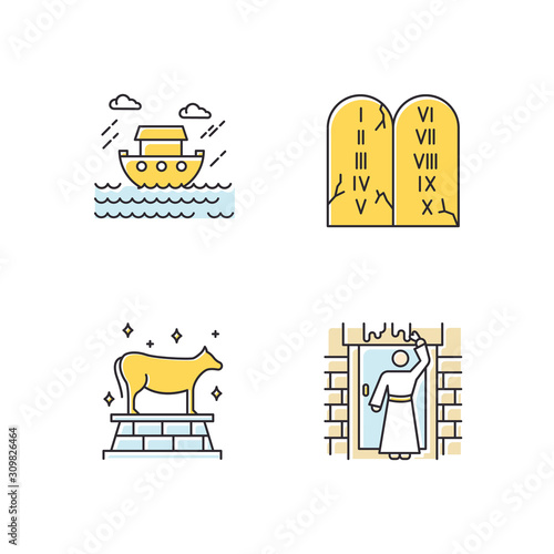 Bible narratives color icons set. The passover, the flood myths, ten commandments. Religious legends. Christian religion, holy book scenes. Biblical stories plot. Isolated vector illustrations