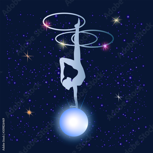 Space Galaxy. Bright blue planet - Woman, handstand, dancing with three hoops - illustration, abstract, art, vector. Magic. Occultism. Space everything