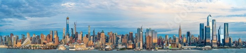 View of Manhattan skyline at sunset, New York City, United States