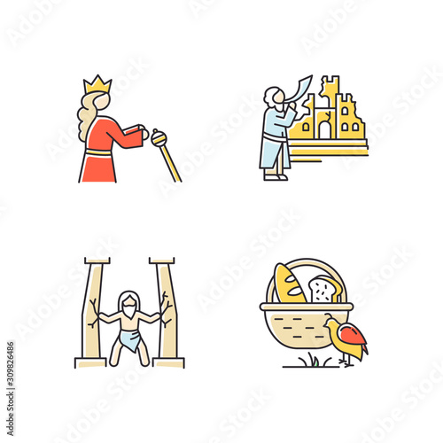 Bible narratives color icons set. Samson, manna and quail, The fall of Jericho myths. Religious legends. Christian religion, holy book scenes. Biblical stories plot. Isolated vector illustrations