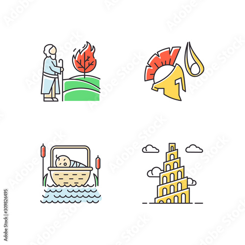 Bible narratives color icons set. The birth of Moses, David and Goliath, Babel tower myths. Religious legends. Christian religion, holy book scenes. Biblical stories. Isolated vector illustrations