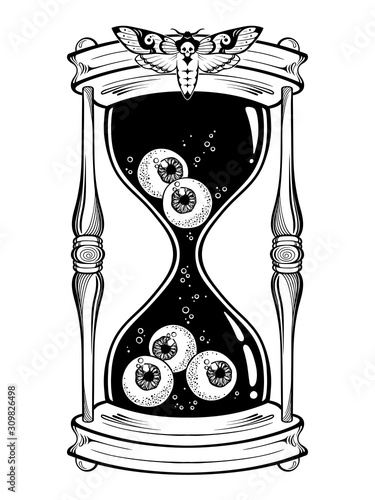 Hourglass with eyeballs halloween sticker, print or blackwork tattoo design hand drawn line art vector illustration.