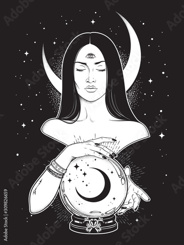 Prophetess with third eye reading magic crystal ball with crescent moon line art and dot work. Boho chic tattoo, poster, tapestry or altar veil print design vector illustration.