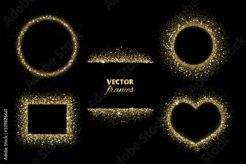 Sparkling glitter borders, frames. Vector gold decoration. Circle, rectangle and heart shapes.