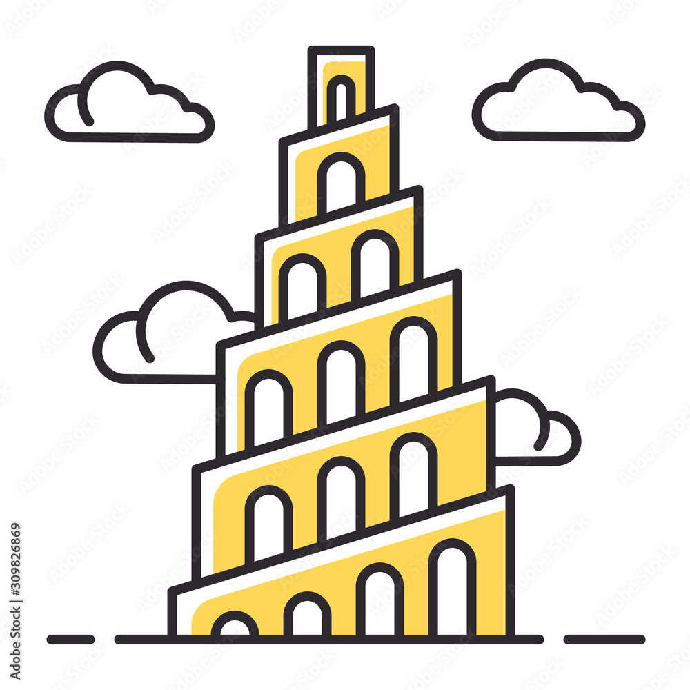 Babel Tower Bible story color icon. Ziggurat. High structure in Babylonia. Religious legend. Christian religion, holy book scene plot. Exodus Biblical narrative. Isolated vector illustration