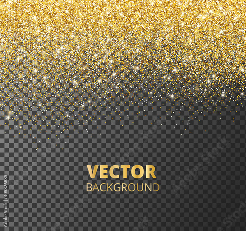 Sparkling glitter border, frame. Falling golden dust isolated on transparent background. Vector decoration.