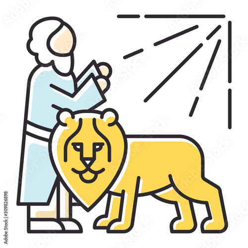 Daniel in lion den Bible story color icon. Legendary hero praying. Religious legend. Christian religion, holy Book of Daniel scene plot. Biblical narrative. Isolated vector illustration