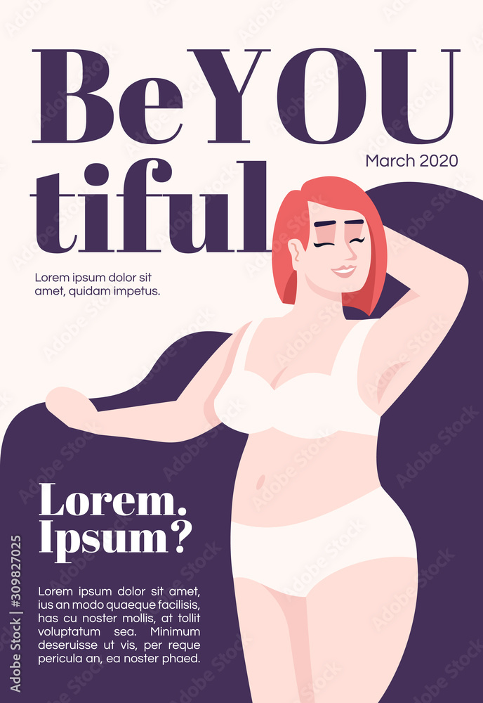 Body positive magazine cover template. Journal mockup design. Vector page layout, flat character. Plus size model. Caucasian smiling woman in lingerie advertising cartoon illustration, text space Body positive magazine cover template. Journal mockup design. Vector page layout, flat character. Plus size model. Caucasian smiling woman in lingerie advertising cartoon illustration, text space